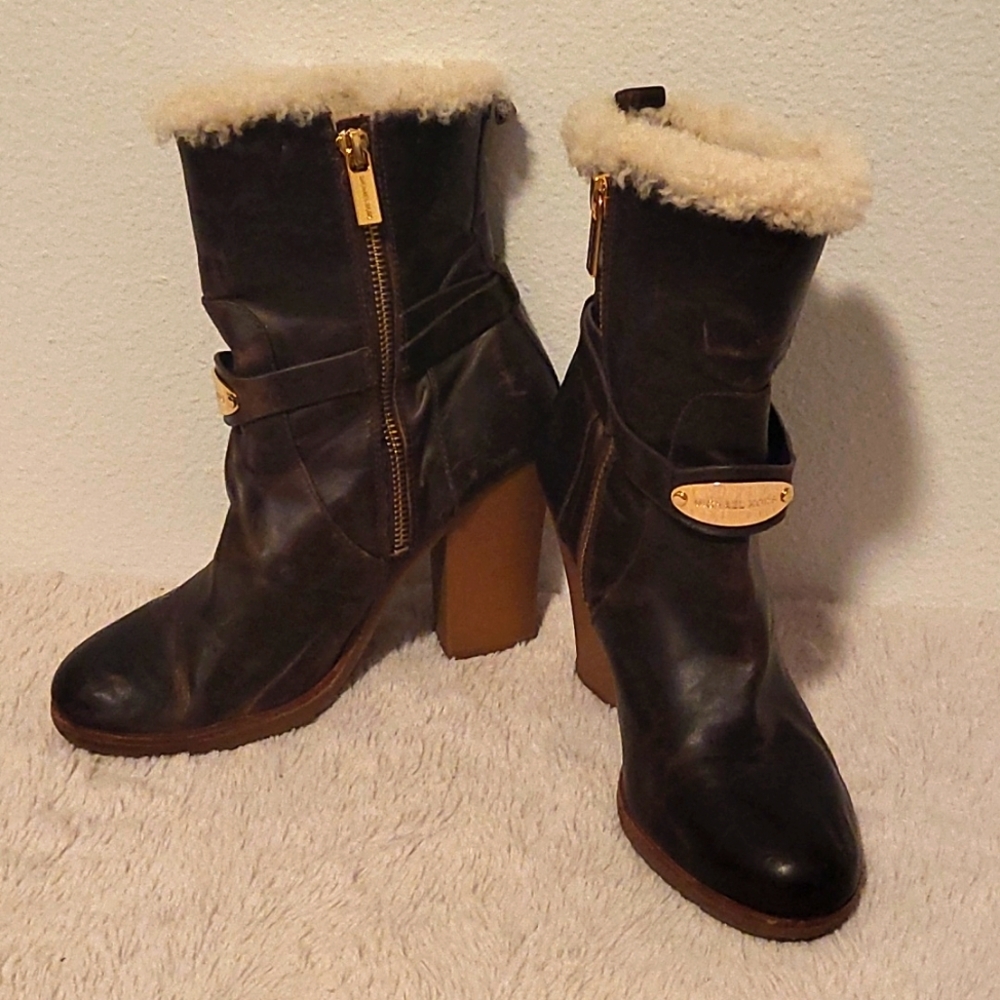 MICHAEL MICHAEL KORS Women's Brown Leather Shearling Heeled Boots PW14G-Size 5.5